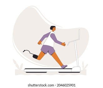 Running man with disability on treadmill. Jogger with legs prosthesis preparing for competitions. Vector illustration.