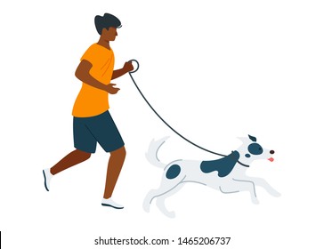 Running man with dog flat vector illustration. Animal and human, jogging african american boy  with dog outdoors cartoon characters. Sportsman training for marathon isolated design element