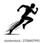 Running man in dynamic. Black isolated icon on white background. Original digital illustration. Vector EPS10. Sports, olympics. 
