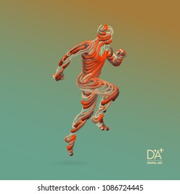 Running man. Emblem for marathon and jogging. 3d model of man. Vector Illustration. Wire connection to virtual reality. 