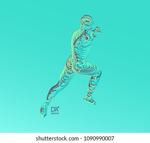 Running man. Emblem for marathon and jogging. 3d model of man. Vector Illustration. Wire connection to virtual reality. 