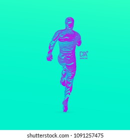 Laufender Mann. Emblem für Marathon und Jogging. 3D-Modell des Menschen. Vektorgrafik. Kabelverbindung zur virtuellen Realität. 