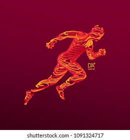 Running man. Emblem for marathon and jogging. 3d model of man. Vector Illustration. Wire connection to virtual reality. 