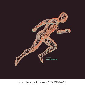 Running man. Emblem for marathon and jogging. 3d model of man. Vector Illustration. Wire connection to virtual reality. 