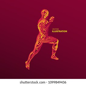 Running man. Emblem for marathon and jogging. 3d model of man. Vector Illustration. Wire connection to virtual reality. 