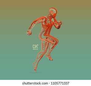 Running man. Emblem for marathon and jogging. 3d model of man. Vector Illustration. Wire connection to virtual reality. 