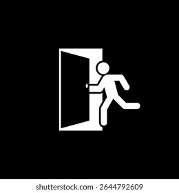 Running man and exit door icon isolated on black background