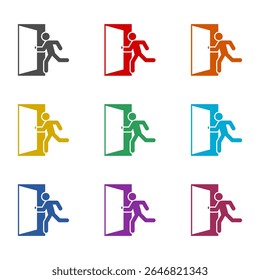 Running man and exit door icon isolated on white background. Set icons colorful