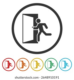 Running man and exit door icon. Set icons in color circle buttons