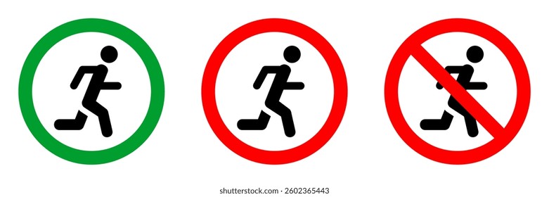 running man, fast moving forbidden red circle sign, green allowed round vector icon, 3 pictogram collection