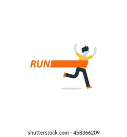 Running man, finish line, first winner, healthy lifestyle, marathon competition, triathlon contest, sport activity event