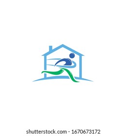 Running Man With Finish Ribbon Home Shape Logo Design. Marathon logo template. Running club or sports club sign.