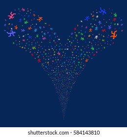 Running Man fireworks stream. Vector illustration style is flat bright multicolored iconic symbols on a blue background. Object double fountain combined from random design elements.