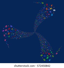 Running Man fireworks swirl rotation. Vector illustration style is flat bright multicolored iconic symbols on a blue background. Object whirl organized from random symbols.