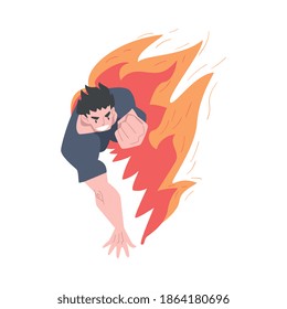 Running Man in Flame, Burning Fury, Stress, Burnout, Emotional Problems Concept Cartoon Style Vector Illustration