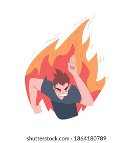 Running Man in Flame, Stress, Burnout, Emotional Problems Concept Cartoon Style Vector Illustration