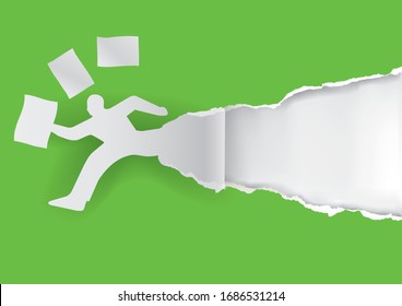 
Running man with flyers.
Paper man silhouette with flying papers ripping green paper with place for your text or image. 
Template for a original advertisement. Vector available.