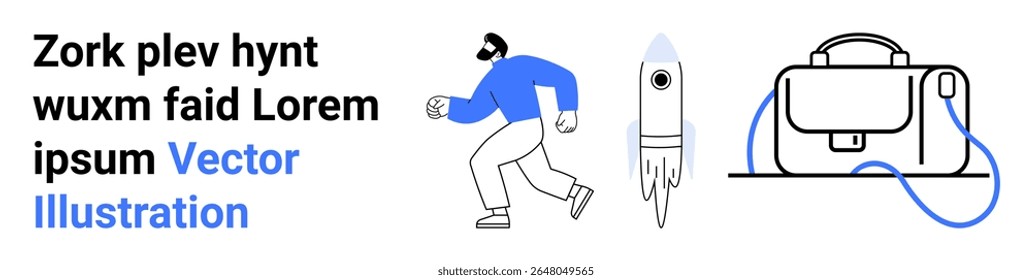 Running man, flying rocket, briefcase with strap. Ideal for business, startups, technology, innovation, entrepreneurship, education, and online courses. Perfect for your website or apps landing page