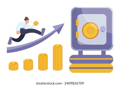 Running man with golden coins, safe box and increasing arrow. Co
