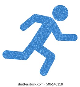 Running Man grainy textured icon for overlay watermark stamps. Flat symbol with scratched texture. Dotted vector cobalt ink rubber seal stamp with grunge design on a white background.