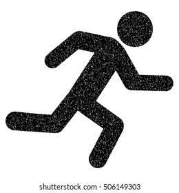 Running Man grainy textured icon for overlay watermark stamps. Flat symbol with unclean texture. Dotted vector black ink rubber seal stamp with grunge design on a white background.