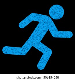 Running Man grainy textured icon for overlay watermark stamps. Flat symbol with unclean texture. Dotted vector blue ink rubber seal stamp with grunge design on a black background.