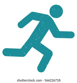Running Man grainy textured soft blue icon for overlay watermark stamps. Flat symbol with dust texture. Dotted vector ink rubber seal stamp with grunge design on a white background.