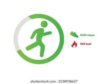 running man in green round road sign, fast moving allowed vector pictogram with 9550 footsteps and gaining 510 kcal energy symbol representation in gredient style.activity ring,mobility,person,fitness