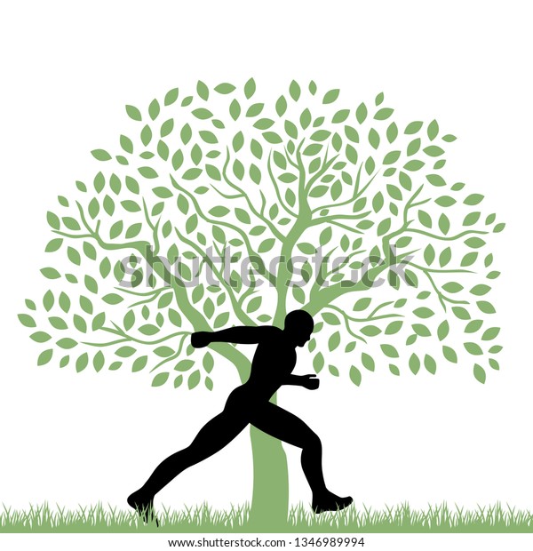 Running Man Green Tree Behind: vector de stock (libre de regalías ...