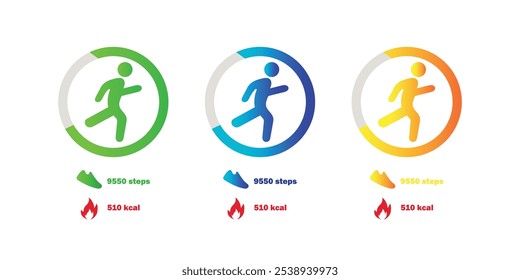 homem correndo em verde, azul e amarelo sinal de estrada redonda, rápido movimento permitido pictograma vetor com 9550 passos e ganhando 510 kcal energia símbolo representação em estilo grediente.