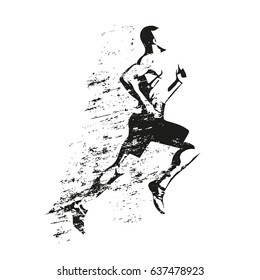 Running man, grungy vector silhouette. Side view, profile