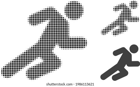 Running man halftone dotted icon. Halftone pattern contains round pixels. Vector illustration of running man icon on a white background.