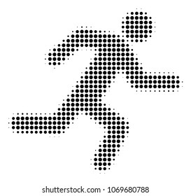 Running Man halftone vector icon. Illustration style is dotted iconic Running Man icon symbol on a white background. Halftone texture is circle blots.