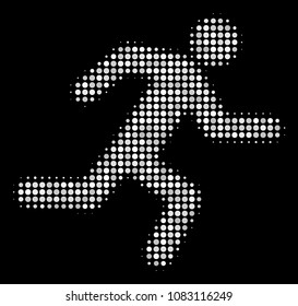 Running man halftone vector icon. Illustration style is pixel iconic running man symbol on a black background. Halftone pattern is created with spheric blots.