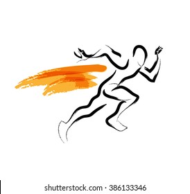 Running man. Hand drawn athlete silhouette. Artistic sketch. Contour drawing. Human figure. Sport advertising, banner, flyer, leaflet, placard, poster, card design illustration.