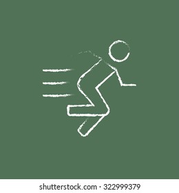 Running man hand drawn in chalk on a blackboard vector white icon isolated on a green background.