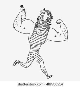 Running Man. Hand Drawn Vintage Illustration. Jogging Hipster.