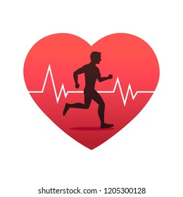 Running man in heart strong with line ecg heartbeat, Healthy cardio, Simple flat design icon symbol, Isolated on white background, Vector illustration