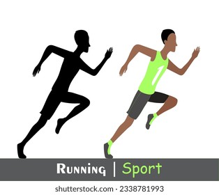 Running man and his silhouette. Active people, fitness, sports movement. Side view. Vector in flat design