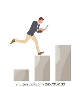 Running man hold netbook arrows point analysis data finance knowledge earnings economy stock success trade. Flat vector illustration isolated on white background