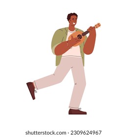 Running man holding and playing small ukulele guitar, flat vector illustration isolated on white background. Happy musician playing ukulele musical instrument.