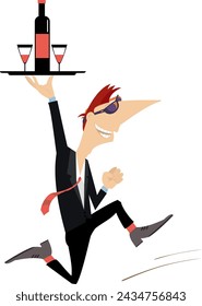 Running man holding a tray with a bottle and two glasses. Cartoon running man holds a tray with a bottle and footed tumblers. Isolated on white background