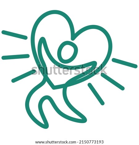 A running man holds a heart with rays. The concept of energy, wellness and good general health. Turquoise vector linear icon, isolated on transparent background