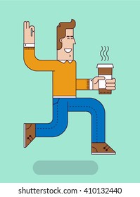 Running man holds a paper coffee cup. Cartoon character design. Vector illustration.