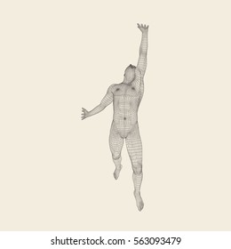 Hombre en ejecución. Humano con el brazo arriba. Silhouette para el campeonato deportivo. La celebración de la victoria. Modelo 3D de hombre. Ilustración vectorial.