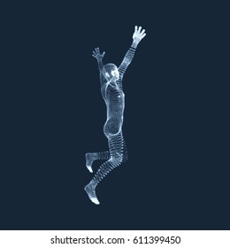 Running Man. Human with arm up. Silhouette for sport championship. The victory celebration. 3D Model of Man. Vector Illustration.