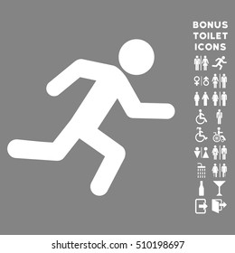 Running Man icon and bonus man and female toilet symbols. Vector illustration style is flat iconic symbols, white color, gray background.