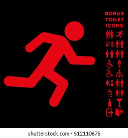 Running Man icon and bonus gentleman and lady restroom symbols. Vector illustration style is flat iconic symbols, red color, black background.