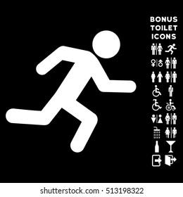 Running Man icon and bonus man and lady toilet symbols. Vector illustration style is flat iconic symbols, white color, black background.