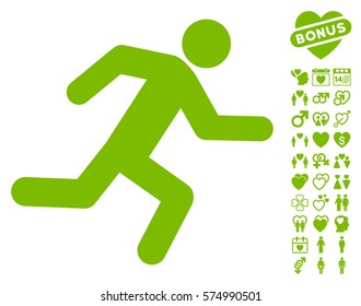 Running Man icon with bonus love images. Vector illustration style is flat iconic eco green symbols on white background.